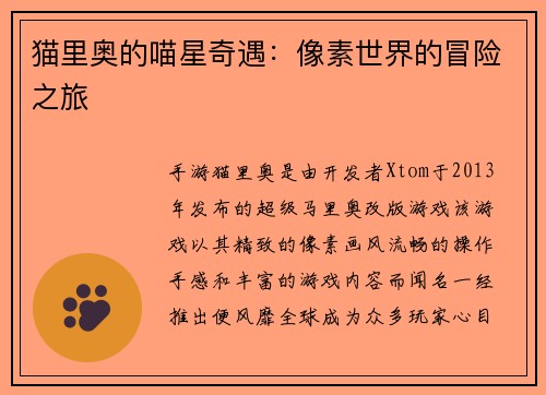 猫里奥的喵星奇遇：像素世界的冒险之旅